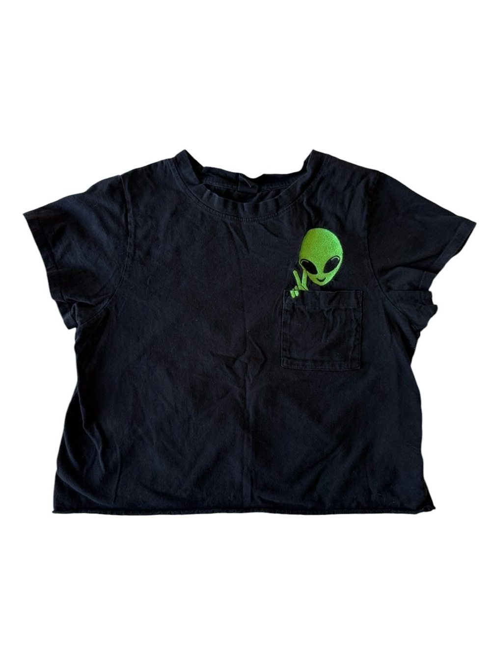 Black Women’s M Crop Top with Green Alien Design